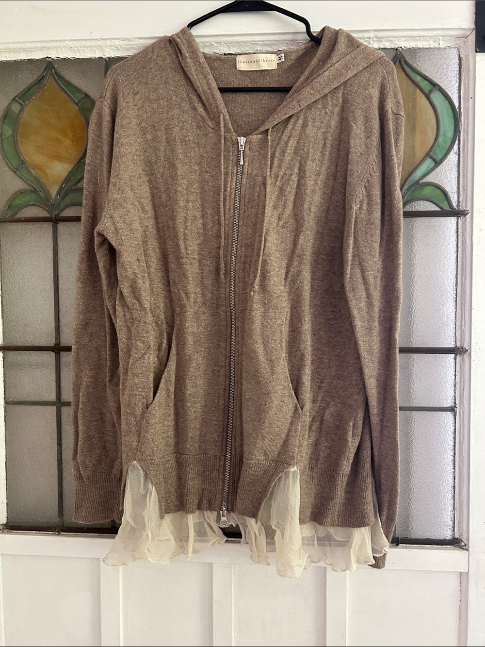 Cashmere Neutral Brown Hooded Zip-Up Cardigan with Sheer Hem